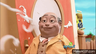 a cartoon character is sitting in front of a door with the word sprout on it