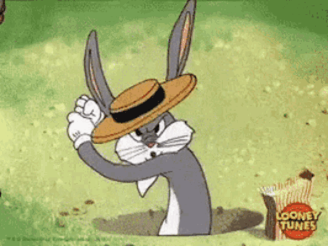 bugs bunny is wearing a hat and a bag of looney tunes chips