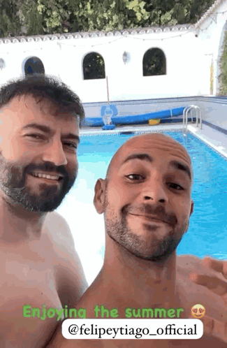 two men are posing for a picture in front of a swimming pool with the caption enjoying the summer @felipeytiago_official