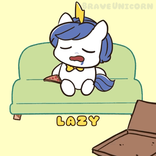 A sleepy unicorn droops in a green armchair with “LAZY” beneath it.