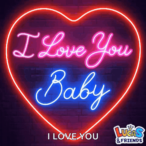 A neon heart sign glows with the words “I Love You Baby.”