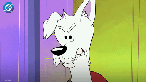 a cartoon dog with the dc logo on the bottom right