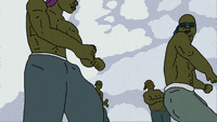 a cartoon of a group of men dancing with a cloudy sky in the background