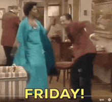 a woman in a blue dress is dancing with a man in a red jacket in a room with the words friday in yellow letters