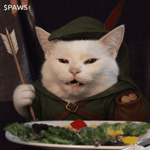 A white cat dressed as a medieval archer sits before a meal.