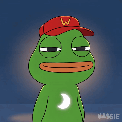 a cartoon frog wearing a red w hat