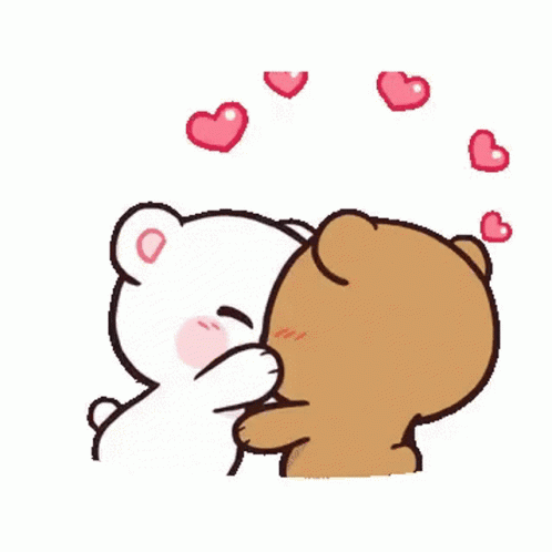 Two cute cartoon bears hug and kiss beneath floating hearts.