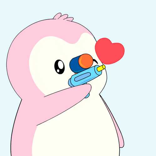 a pink penguin is holding a water gun in his mouth