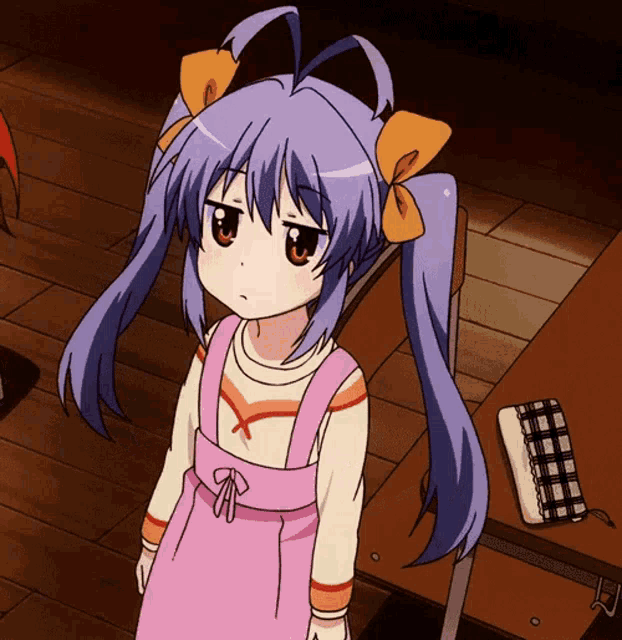 Anime schoolgirl raises her hands in a hesitant shrug.