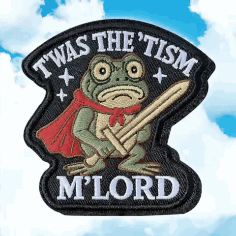 A patch-like cartoon creature wears a shirt that reads “M’LORD.”