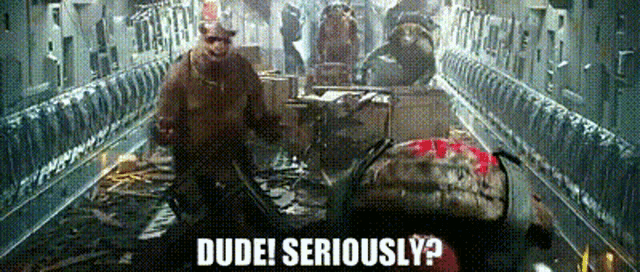 a group of people are walking down a hallway with the words dude seriously on the bottom right