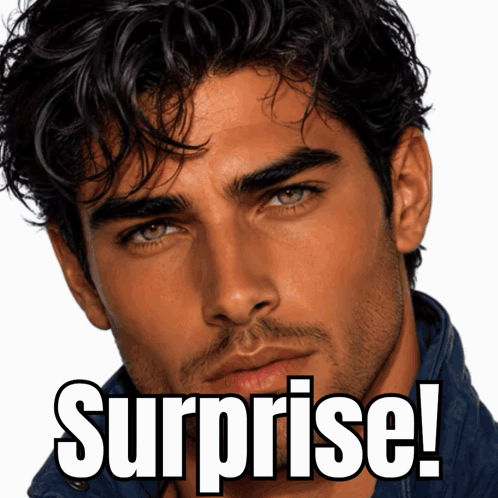 a close up of a man 's face with surprise written in white