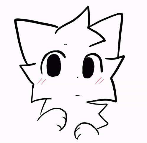 A white cartoon cat blushes and holds its paws together.