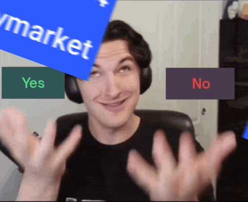 A person gestures between a blue “market” option labeled Yes and a purple No option.
