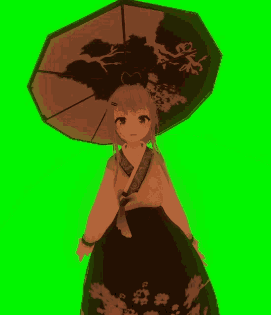 a girl in a kimono is holding an umbrella on a green background