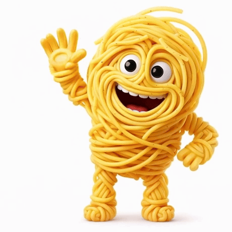 a cartoon character made of spaghetti is waving