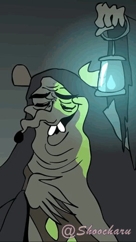 a cartoon drawing of a witch holding a lantern with the name shoocharau on the bottom