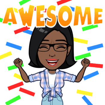 A cartoon woman with glasses raises her fists beneath “AWESOME.”