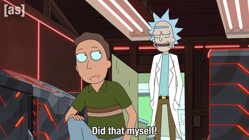 a cartoon character says " did that myself " while standing next to another character
