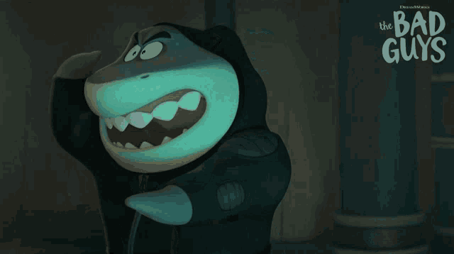 a poster for the bad guys shows a shark in a hooded jacket