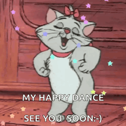 Marie from The Aristocats dances in a pink room with “MY HAPPY DANCE.”