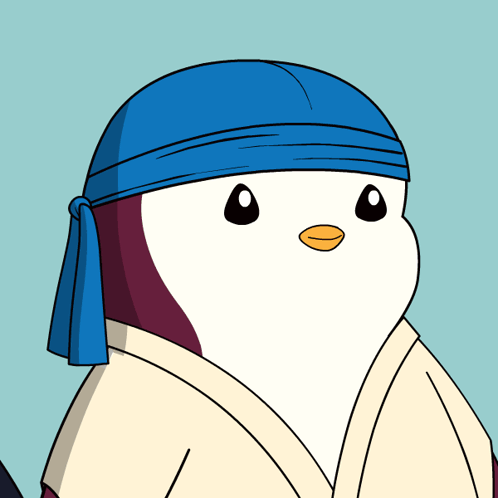 A cartoon penguin in a blue bandana raises a wing for a high five.