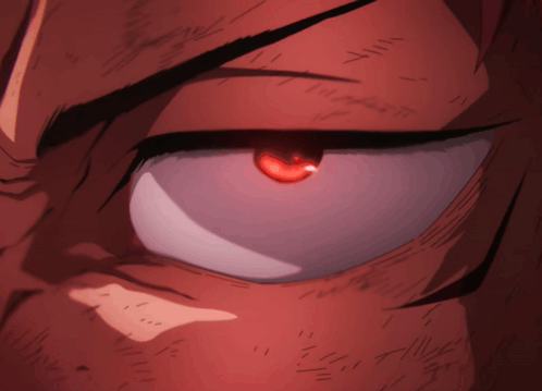 A close-up anime eye glows red beneath dark hair.