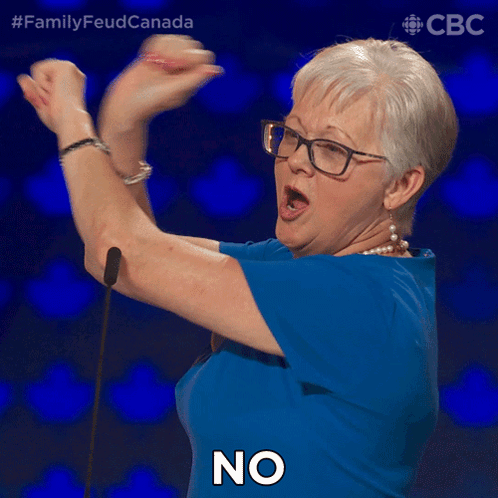 a woman in a blue shirt says no in front of a blue background
