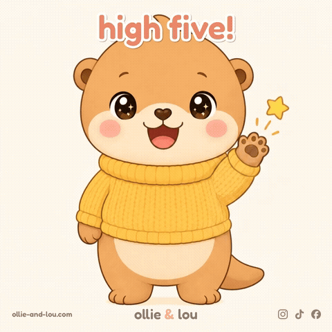 a cartoon otter wearing a yellow sweater with the words high five