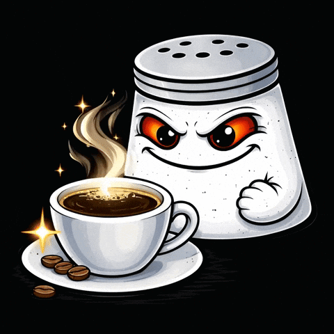 a cartoon illustration of a salt shaker and a cup of coffee on a saucer
