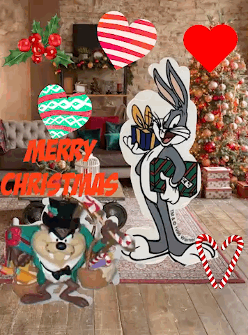 bugs bunny is holding a gift in front of a christmas tree with merry christmas written on the bottom