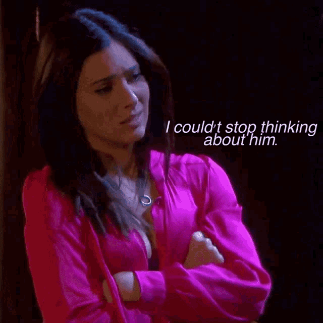 a woman in a pink shirt says " i couldn 't stop thinking about him "