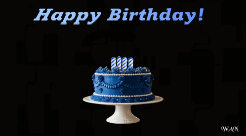 a birthday card with a blue cake and the words happy birthday