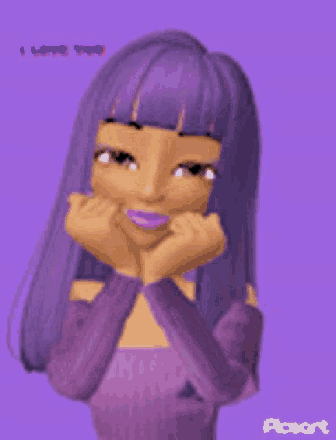 a cartoon girl with purple hair and purple lipstick says i love you