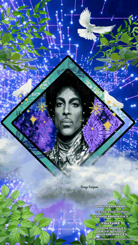 a painting of prince is surrounded by leaves and a blue background