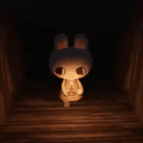 a cartoon rabbit is standing in a dark room holding a lamp .