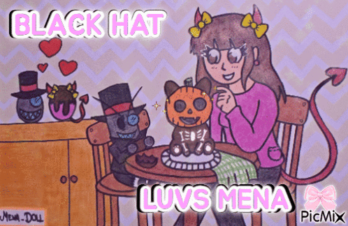 a drawing of a girl sitting at a table with a cat and a pumpkin and the words black hat luvs mena