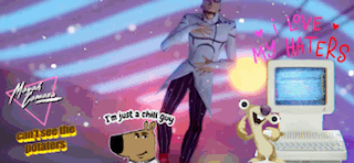 a cartoon character says i 'm just a chill guy while standing next to a computer