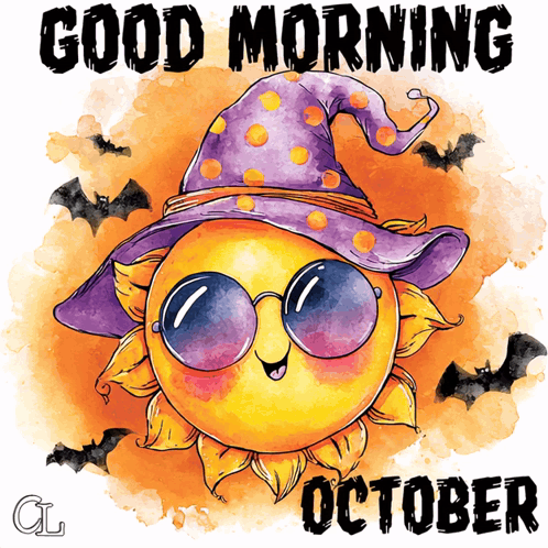 a sun wearing a witch hat and sunglasses with the words good morning october below it