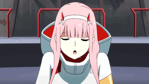 a cartoon character with pink hair and horns looks tired