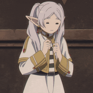 Frieren nervously twiddles her fingers while looking down.