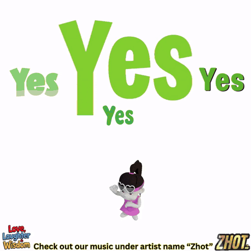 Several green “Yes” words fill a white image above a tiny dancing figure.