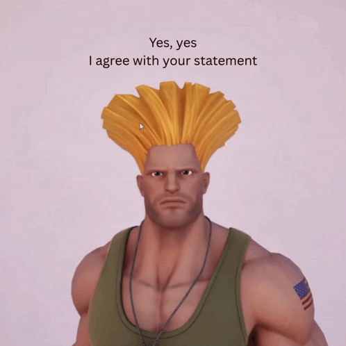 a picture of a man with a yellow wig and the words " yes yes i agree with your statement "