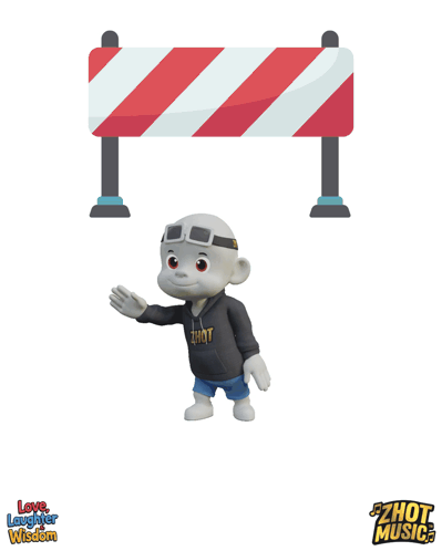 a cartoon character is standing in front of a red and white striped barrier