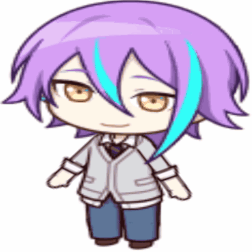 a cartoon character with purple hair and blue streaks is wearing a gray jacket and blue pants .