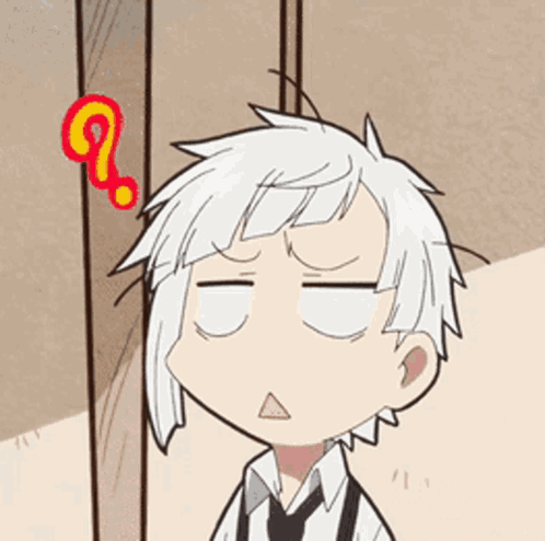 A white-haired anime boy looks exhausted and confused beside a red question mark.