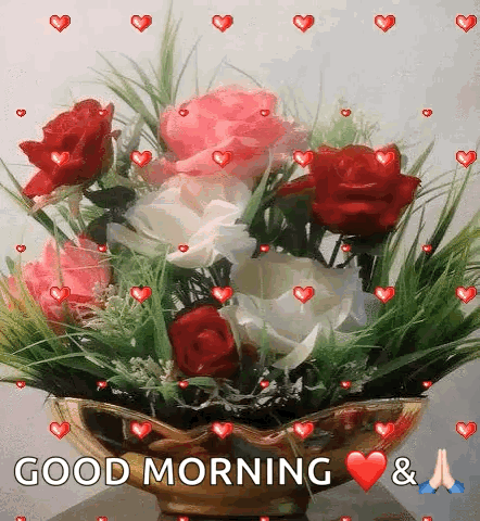 A basket of red roses is captioned “GOOD MORNING” with heart symbols.