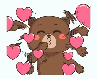 A brown cartoon animal blows a kiss amid floating pink hearts.