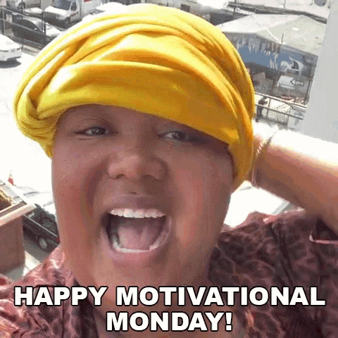 a woman is wearing a yellow turban and says happy motivational monday