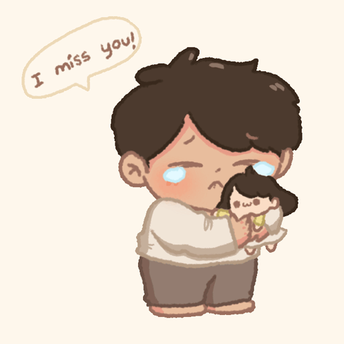 A crying illustrated person holds a small pet under “I miss you.”
